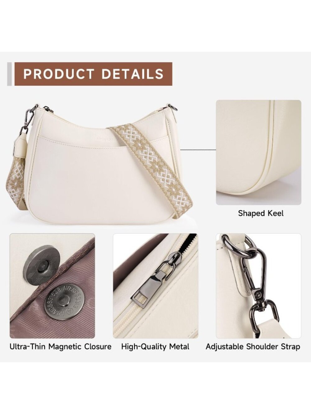 👜Women's White Leather Crossbody Purse Shoulder Bag Wide Strap Travel - Picture 4 of 6